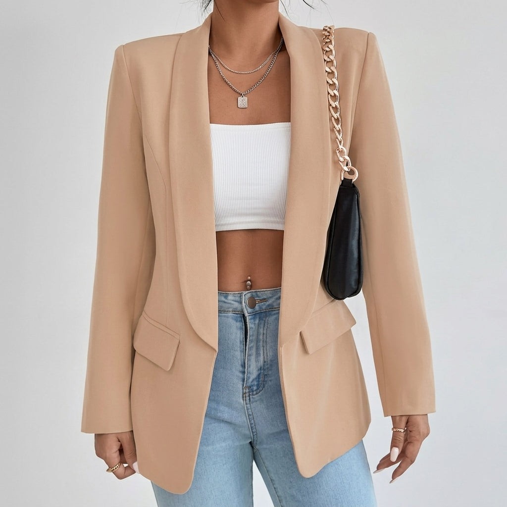 Olivia | Women's Lapel Open-Front Mid-Length Tailored Blazer - Camel