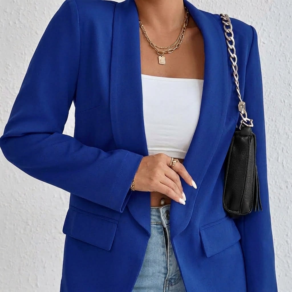 Olivia | Women's Lapel Open-Front Mid-Length Tailored Blazer - Cobalt