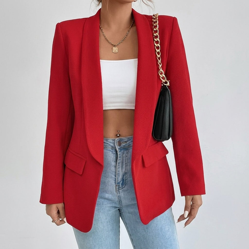 Olivia | Women's Lapel Open-Front Mid-Length Tailored Blazer - Crimson