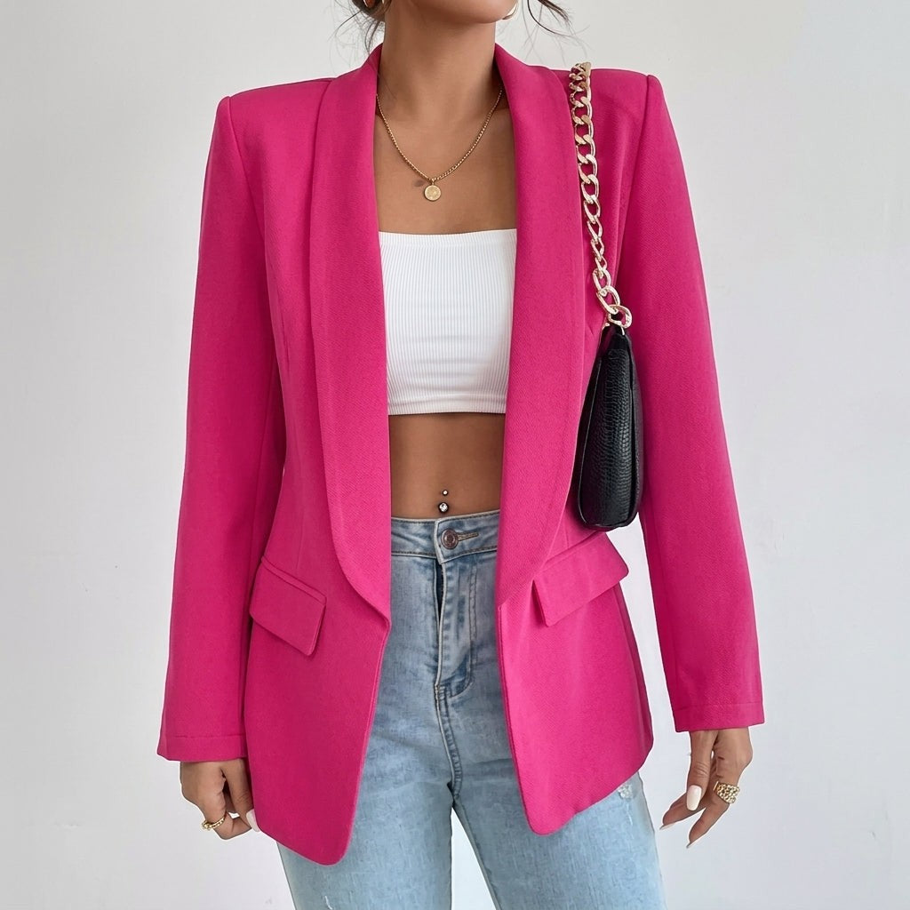 Olivia | Women's Lapel Open-Front Mid-Length Tailored Blazer - Hot Pink