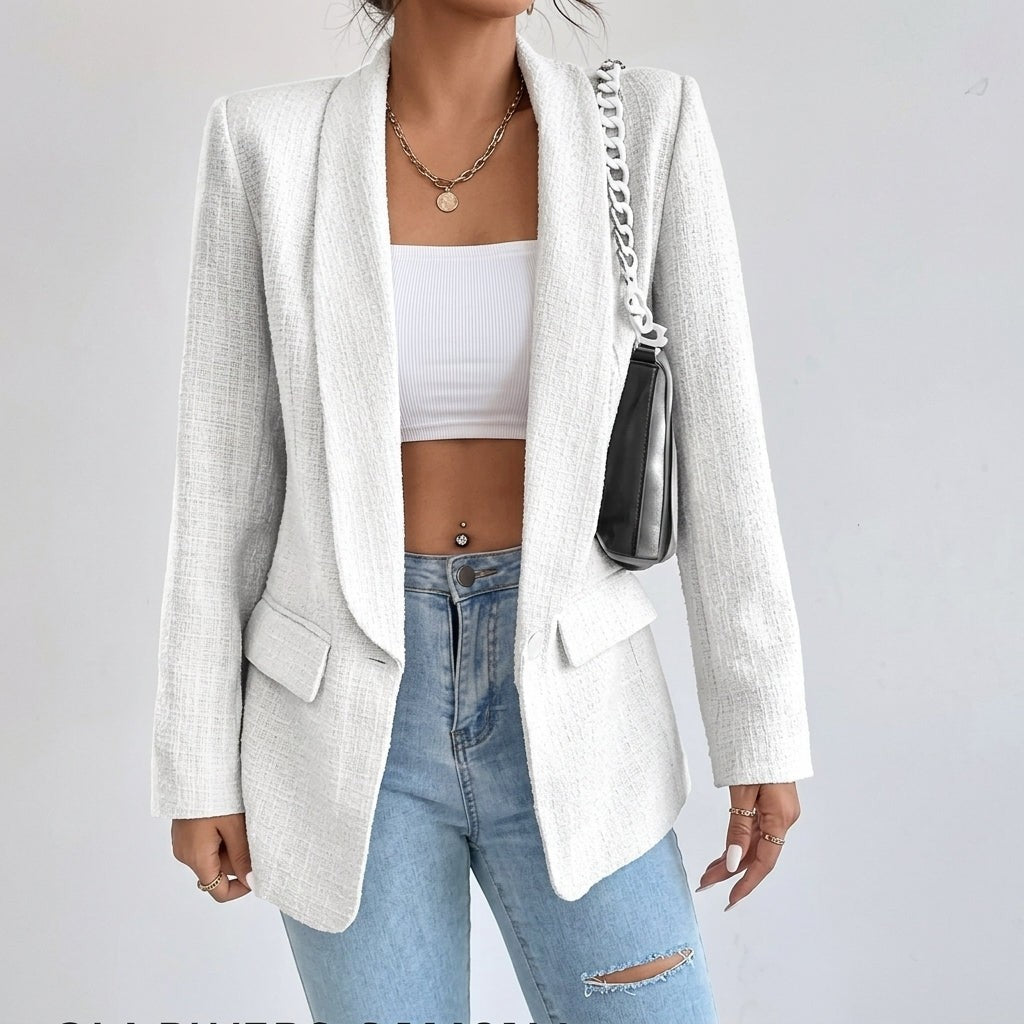 Olivia | Women's Lapel Open-Front Mid-Length Tailored Blazer - Ivory