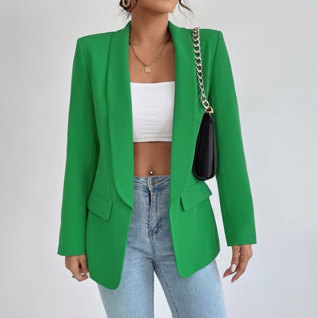 Olivia | Women's Lapel Open-Front Mid-Length Tailored Blazer - Jade Green