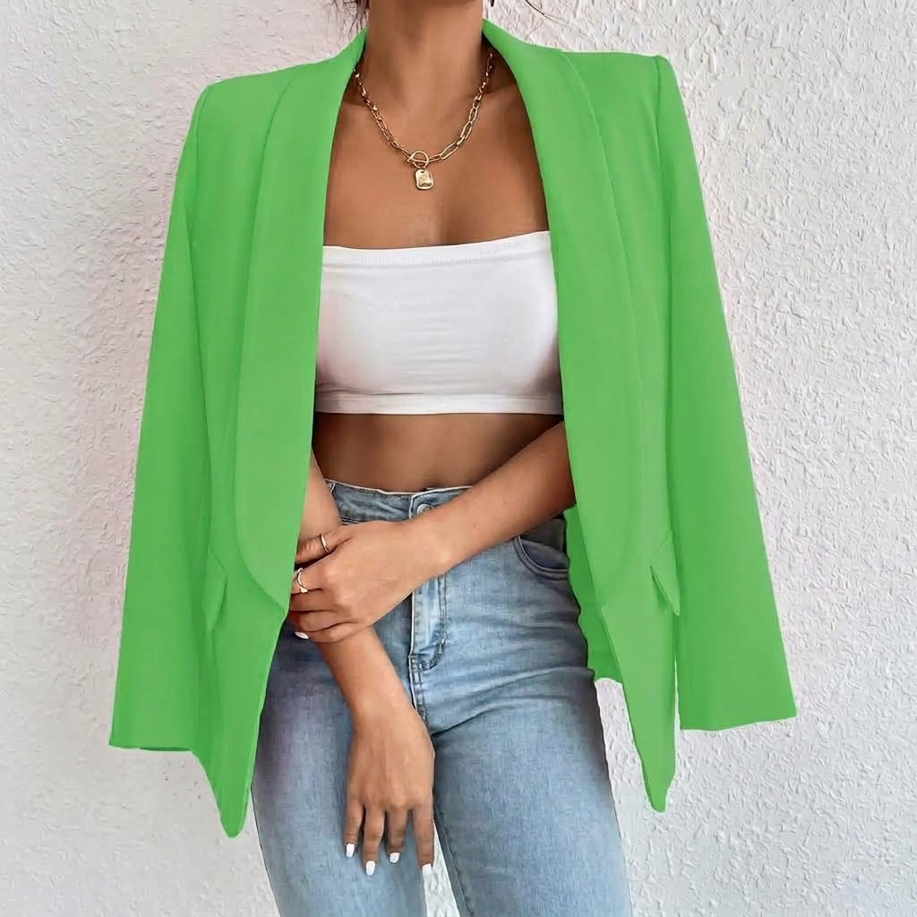 Olivia | Women's Lapel Open-Front Mid-Length Tailored Blazer - Lime Green