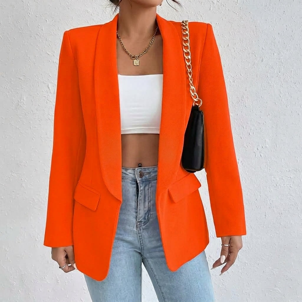 Olivia | Women's Lapel Open-Front Mid-Length Tailored Blazer - Mandarin