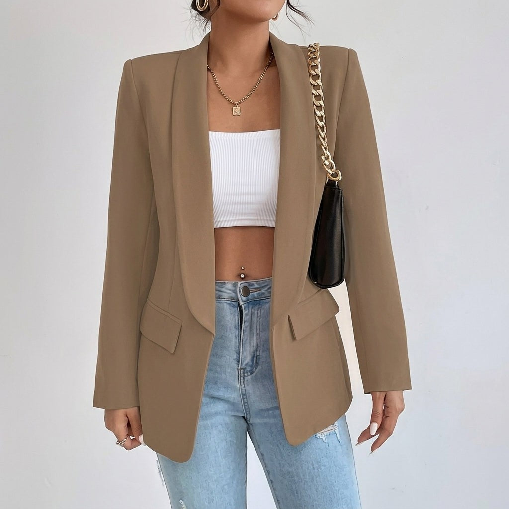 Olivia | Women's Lapel Open-Front Mid-Length Tailored Blazer - Taupe