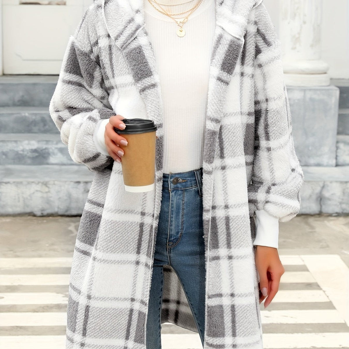 Olivia | Women's Plaid Hooded Open-Front Relaxed-Fit Cardigan Coat - Light Gray