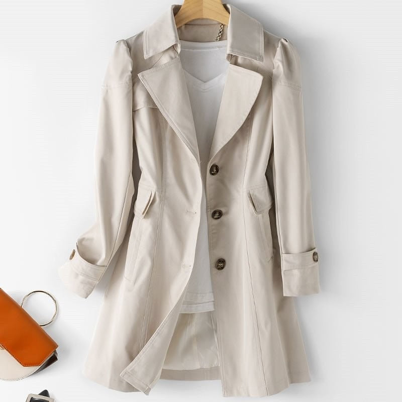 Olivia | Women's Single-Breasted Notch-Lapel Longline Trench Coat - Beige