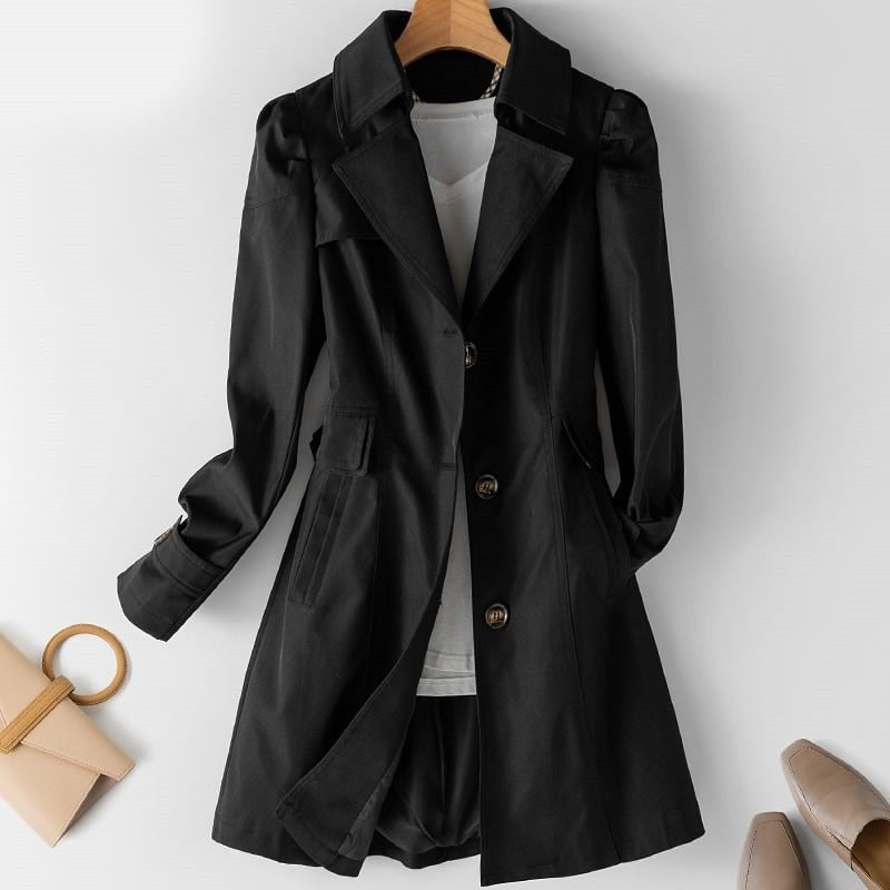Olivia | Women's Single-Breasted Notch-Lapel Longline Trench Coat - Black
