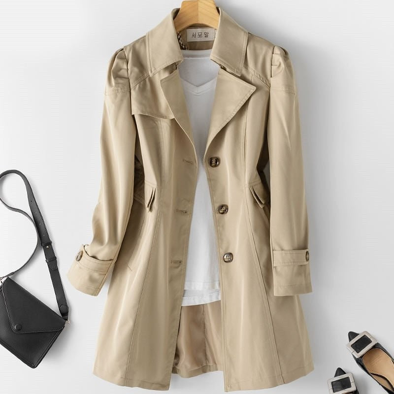 Olivia | Women's Single-Breasted Notch-Lapel Longline Trench Coat - Khaki