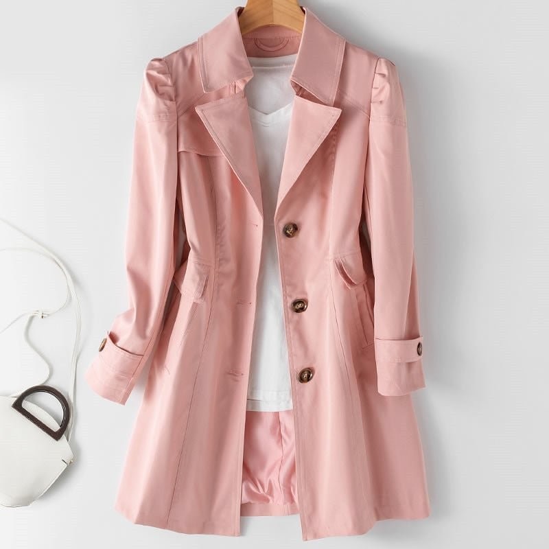 Olivia | Women's Single-Breasted Notch-Lapel Longline Trench Coat - Pink