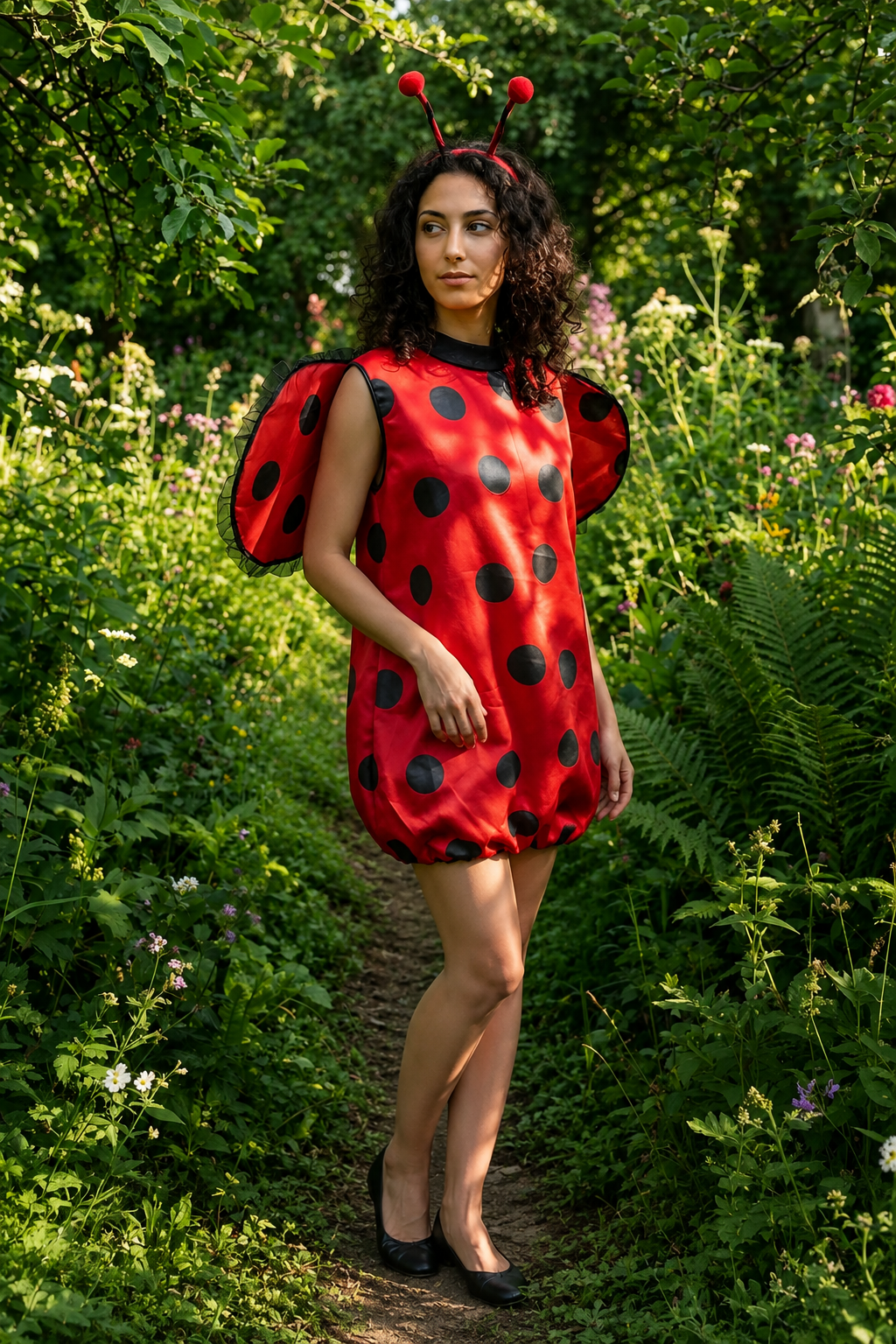 Olivia | Women's Sleeveless Polka Dot Gathered-Hem Ladybug Costume Dress with Wing Cape - Red