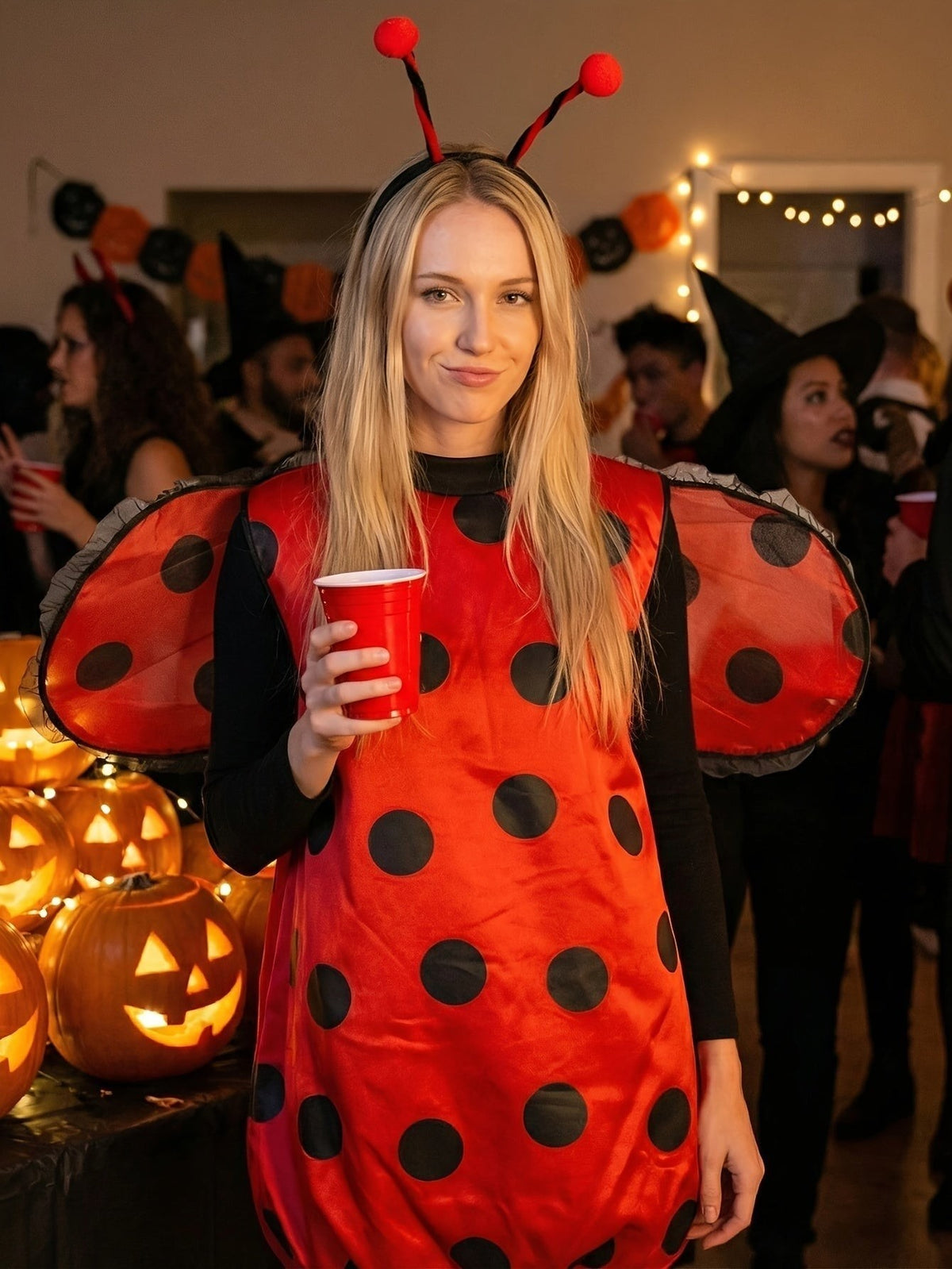 Olivia | Women's Sleeveless Polka Dot Gathered-Hem Ladybug Costume Dress with Wing Cape - Red