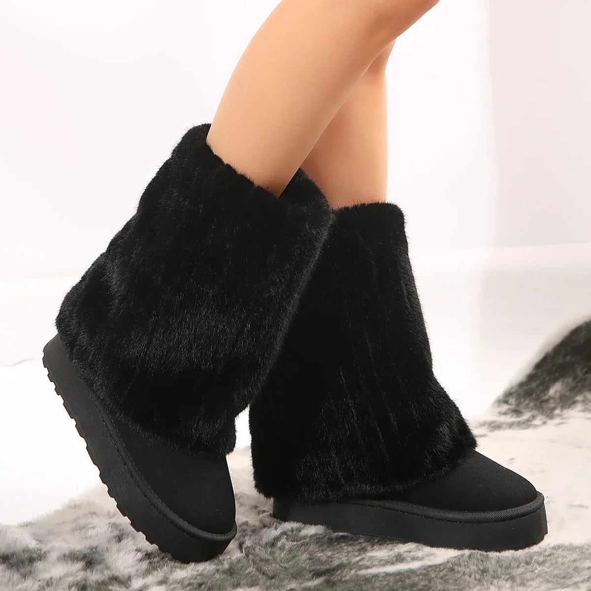 Olivia | Women's Slip-On Faux Fur Mid-Calf Boot with Ridged Sole - Black