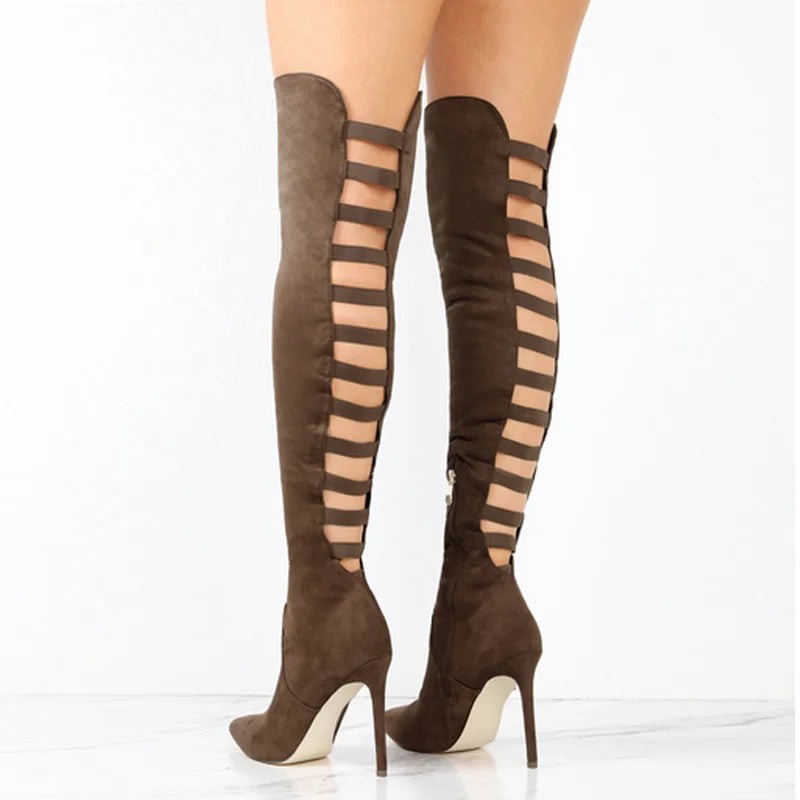 Olivia | Women's Thigh-High Open-Toe Cutout Stiletto Boots - Brown