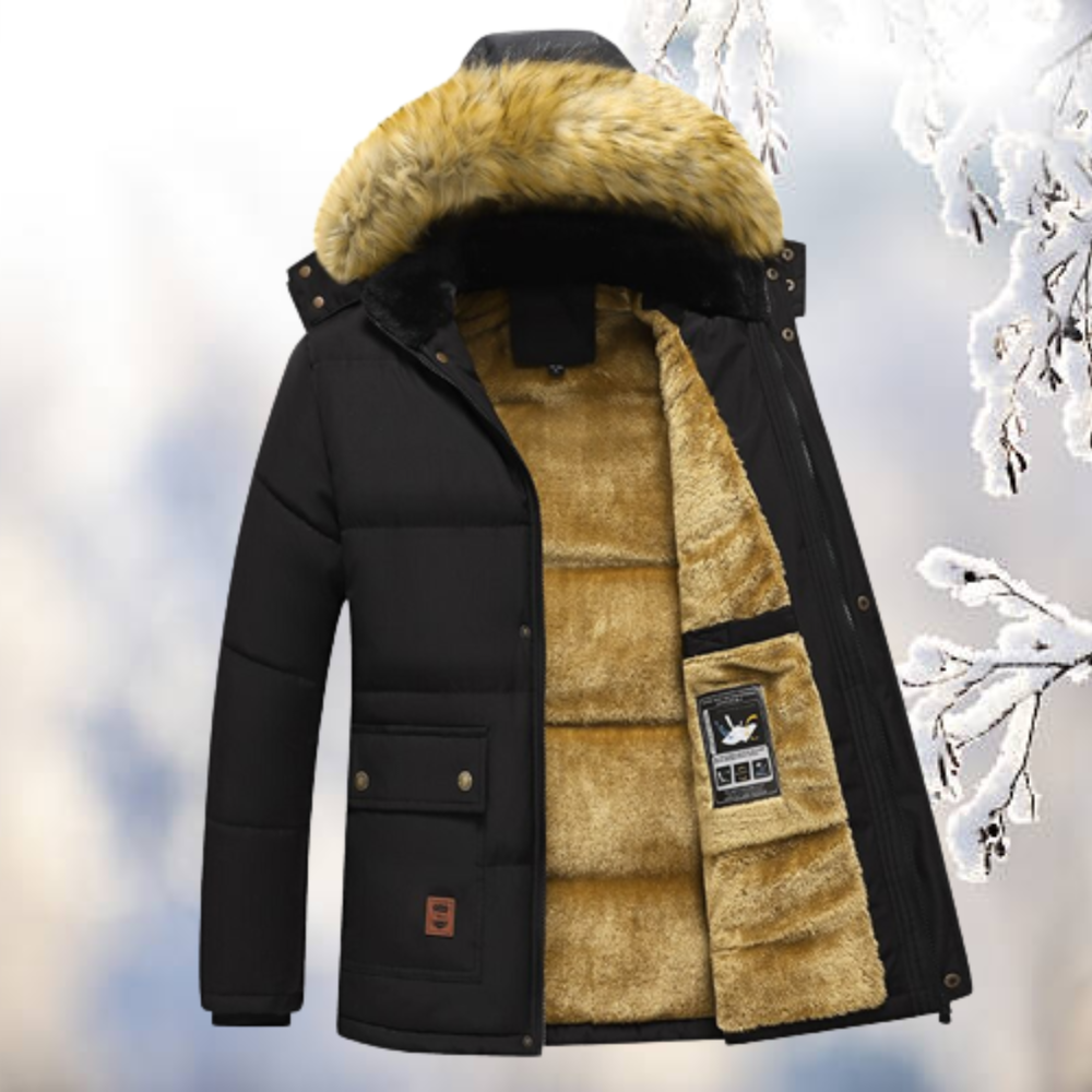 Oscar | Men's Quilted Stand-Collar Parka with Detachable Fur Hood - Black