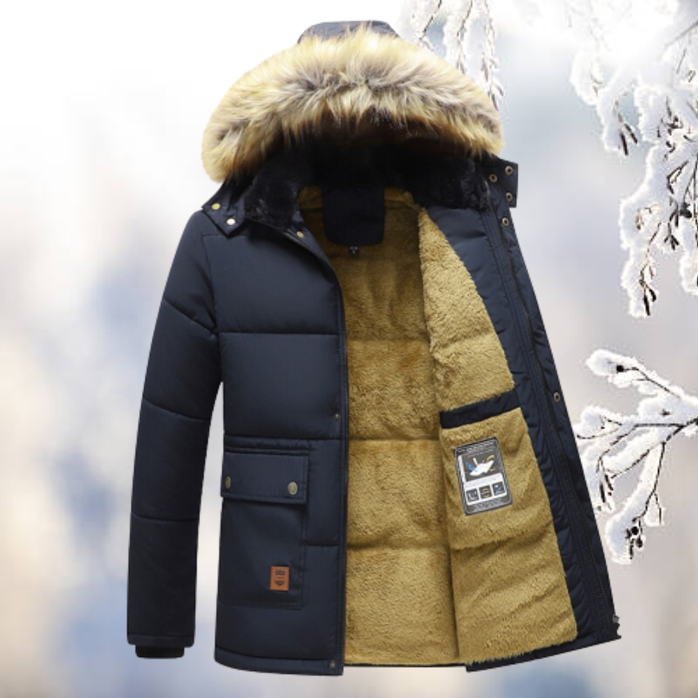 Oscar | Men's Quilted Stand-Collar Parka with Detachable Fur Hood - Navy