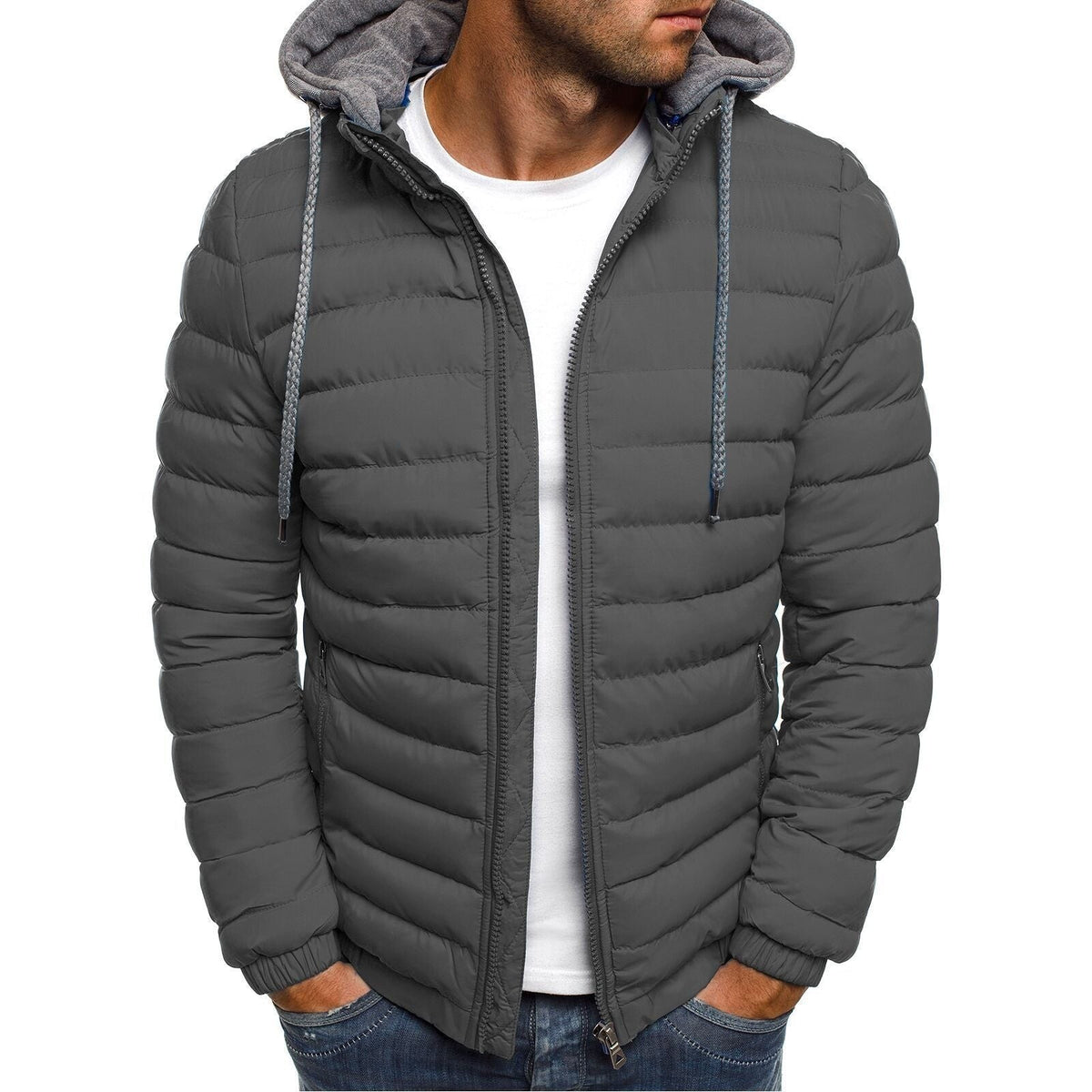 Oscar | Men's Slim-Fit Hooded Quilted Jacket with Fine Horizontal Stitching - Grey