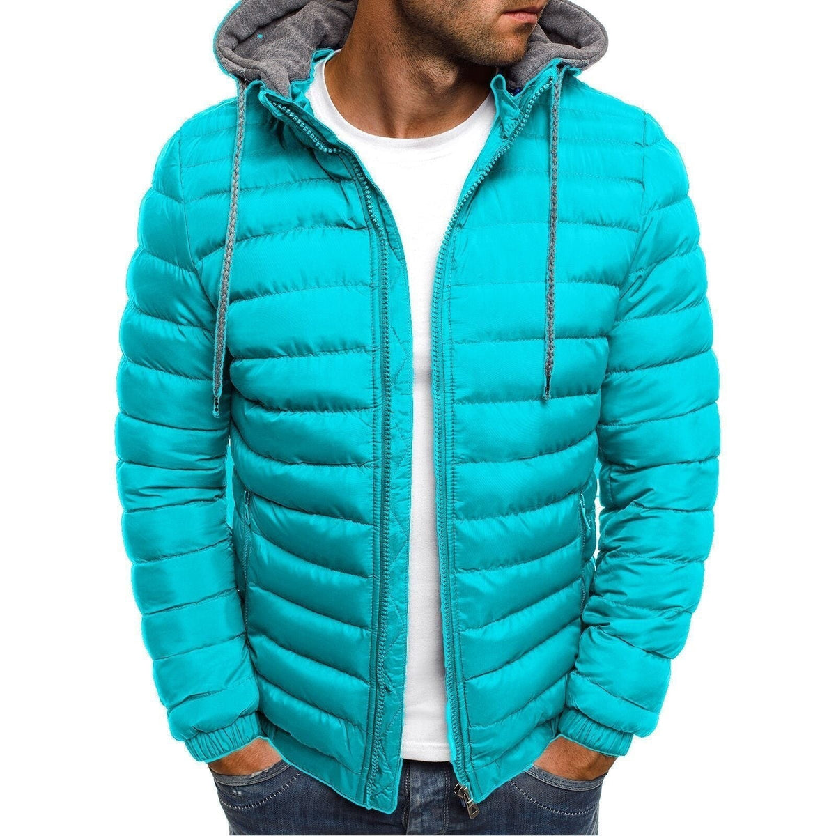 Oscar | Men's Slim-Fit Hooded Quilted Jacket with Fine Horizontal Stitching - Seeblau