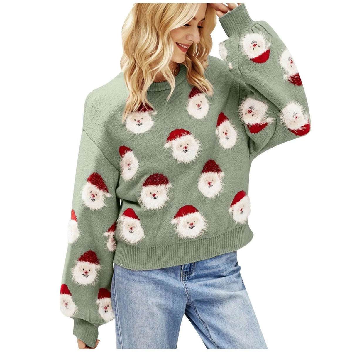 Oscar | Women's Christmas Jumper for Women Santa Claus All-Over Print Relaxed-Fit Crew-Neck Knit - Fruchtgrün