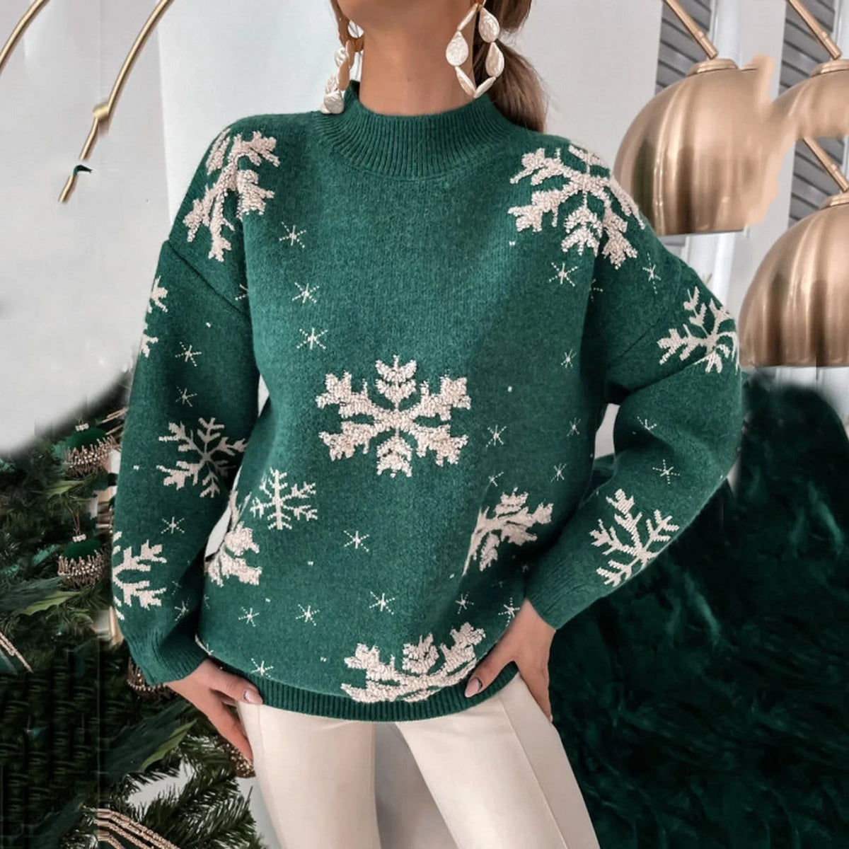 Oscar | Women's Christmas Jumper with Sparkly Snowflake Motif Crew-Neck Knit - Green