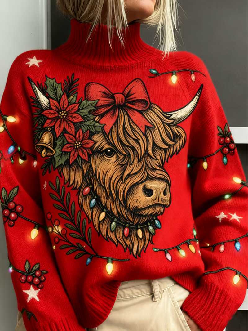 Poppy | Women's Christmas Jumper for Women Turtleneck Embroidered Highland Cow Festive Knit - Red