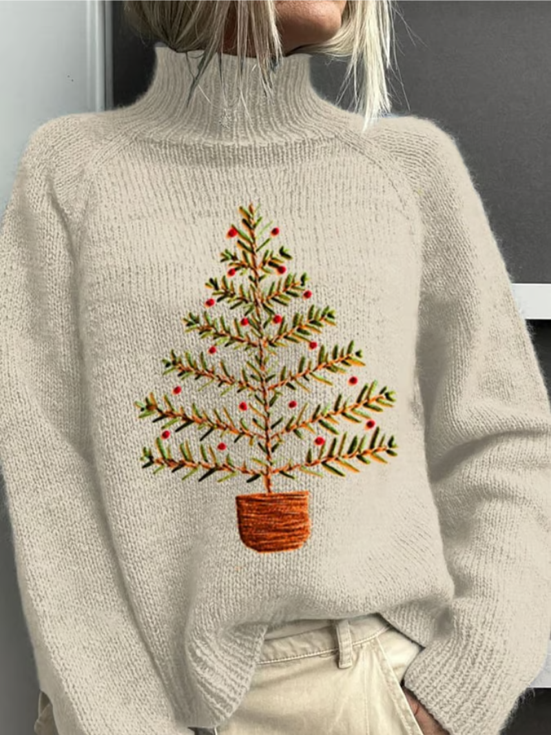 Poppy | Women's Christmas Jumper for Women Turtleneck Embroidered Tree Knit - Gray