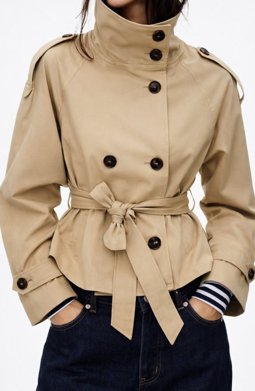 Poppy | Women's Double-Breasted Belted Cropped Trench Blazer with Funnel Collar - Light Brown