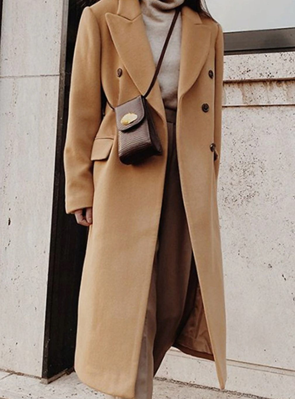 Poppy | Women's Double-Breasted Midi Coat Wide Peaked Lapels Tailored - Khaki