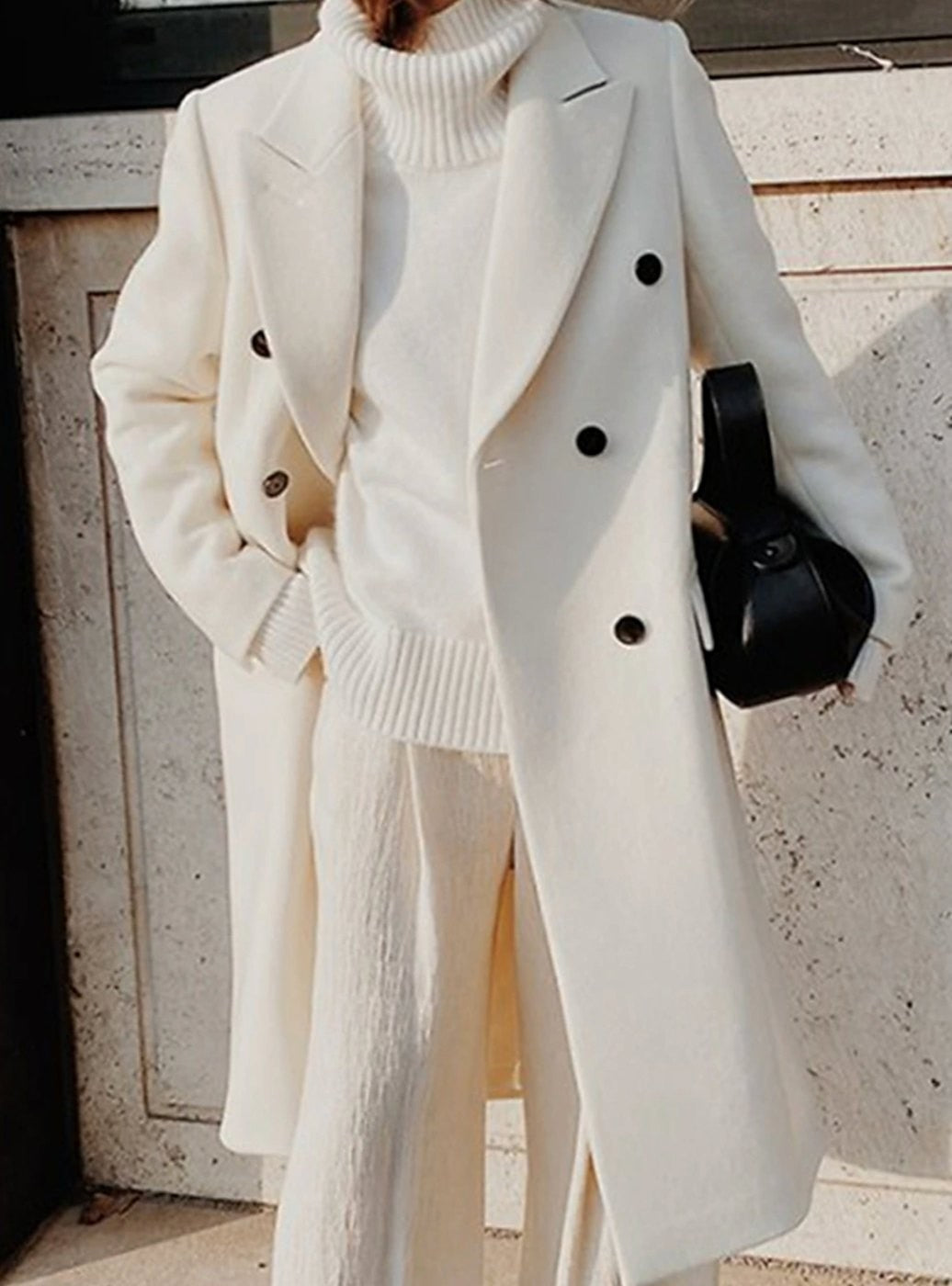 Poppy | Women's Double-Breasted Midi Coat Wide Peaked Lapels Tailored - White