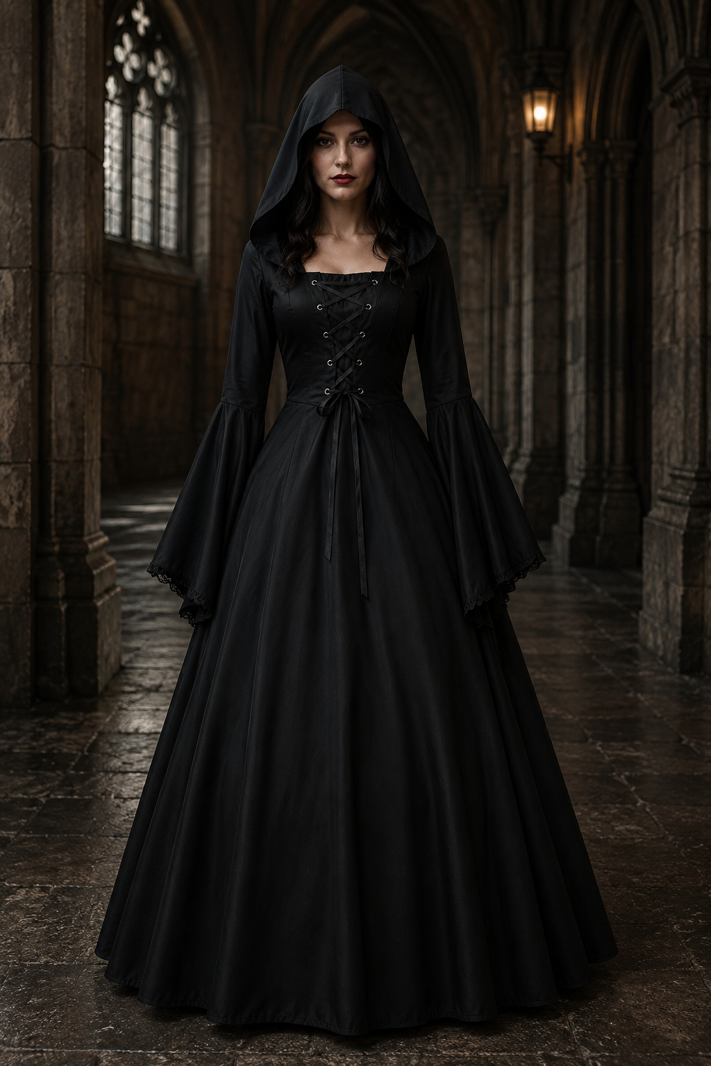 Poppy | Women's Hooded Lace-Up Bell-Sleeve Floor-Length Gothic Gown - Black