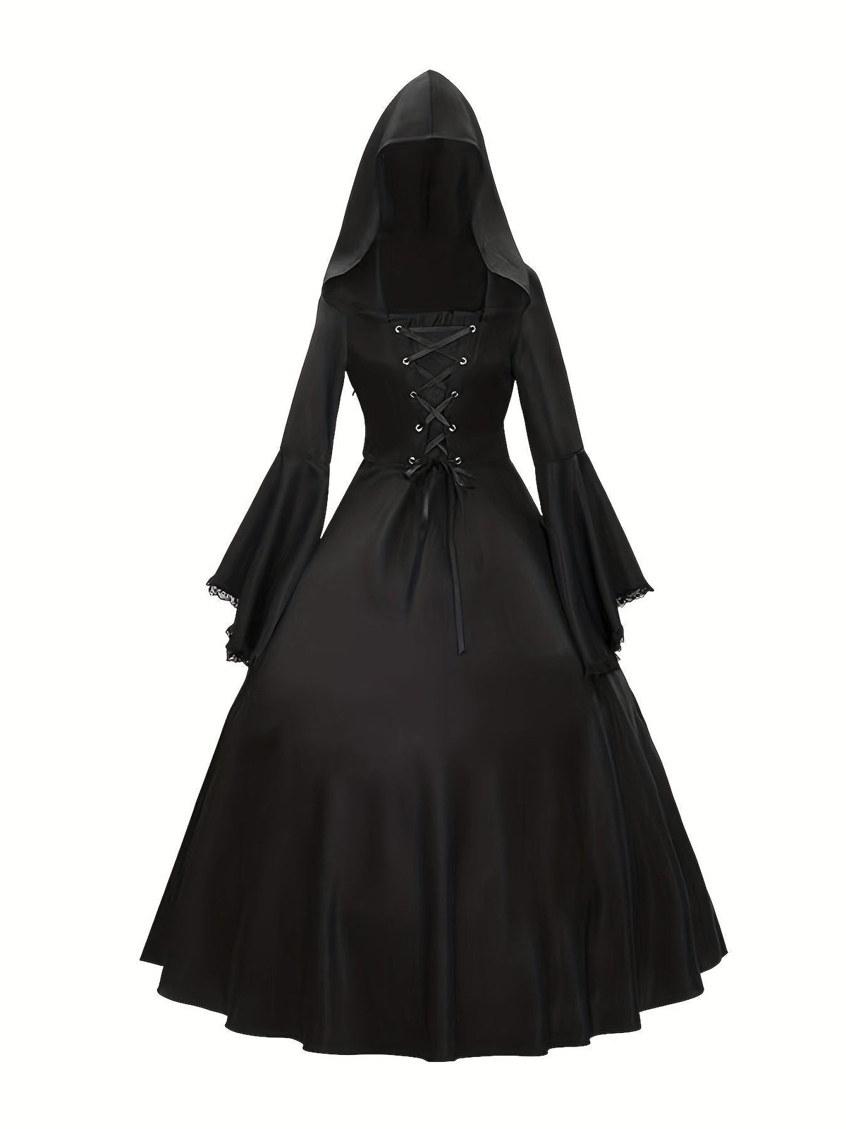 Poppy | Women's Hooded Lace-Up Bell-Sleeve Floor-Length Gothic Gown - Black