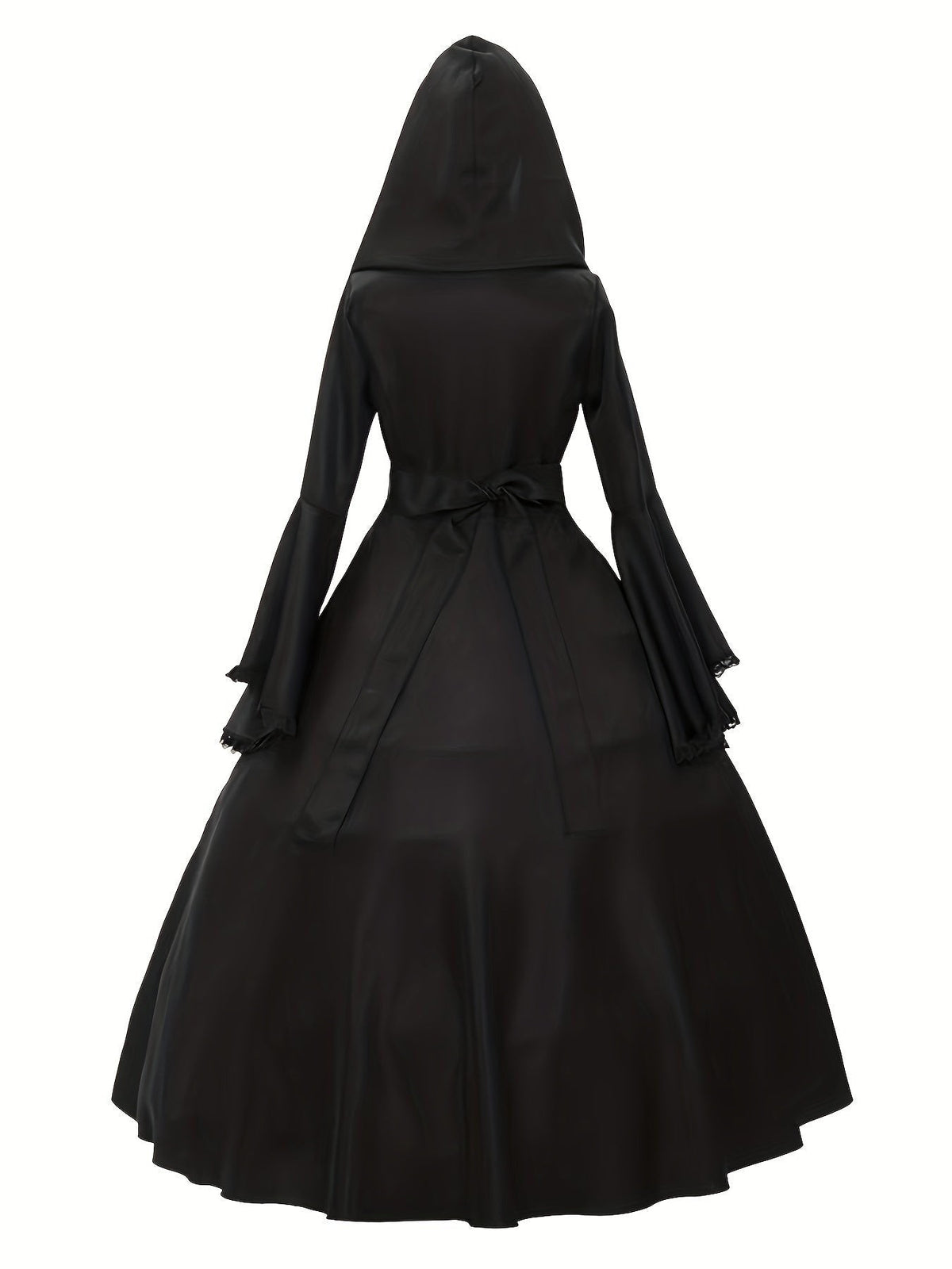 Poppy | Women's Hooded Lace-Up Bell-Sleeve Floor-Length Gothic Gown - Black
