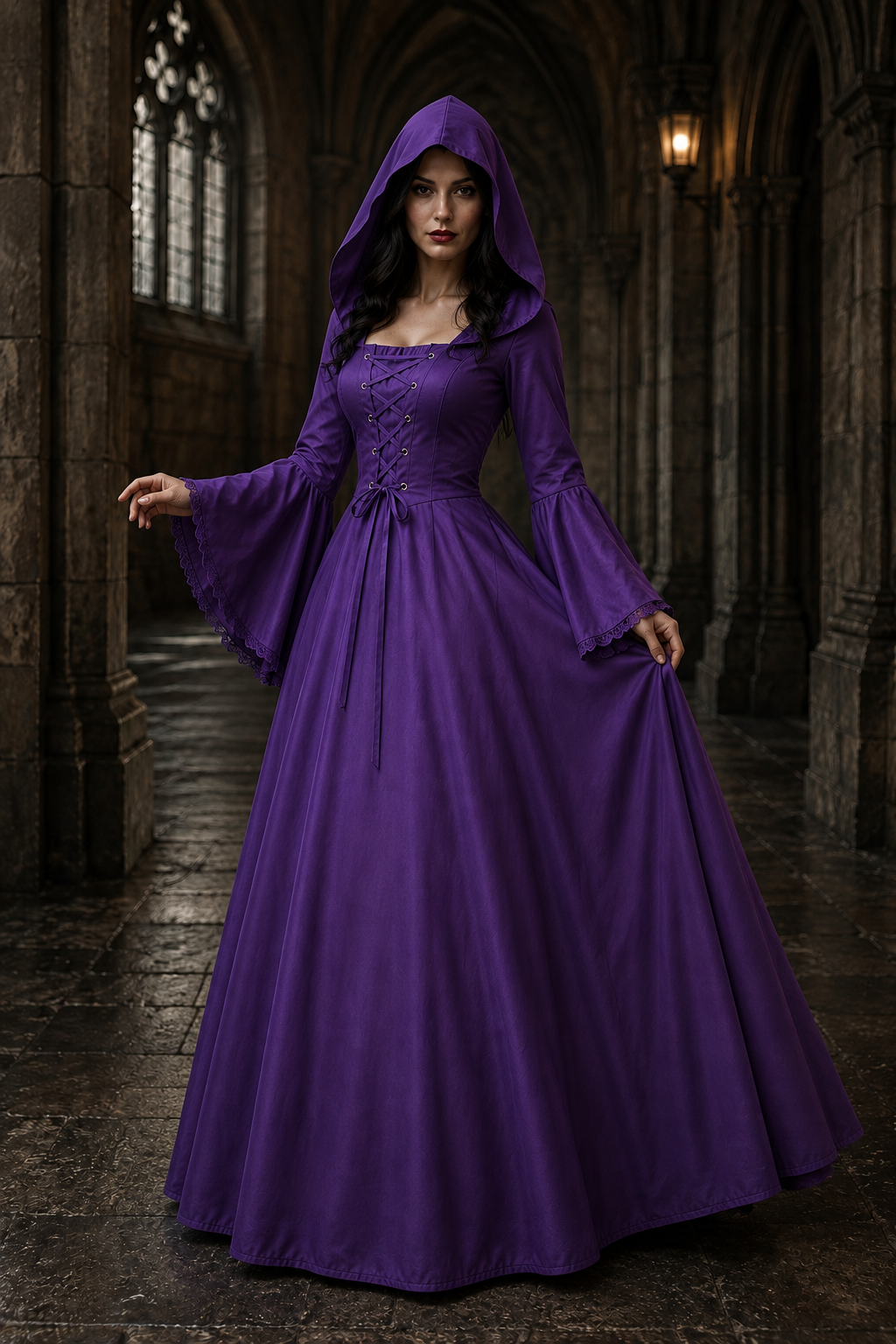 Poppy | Women's Hooded Lace-Up Bell-Sleeve Floor-Length Gothic Gown - Purple