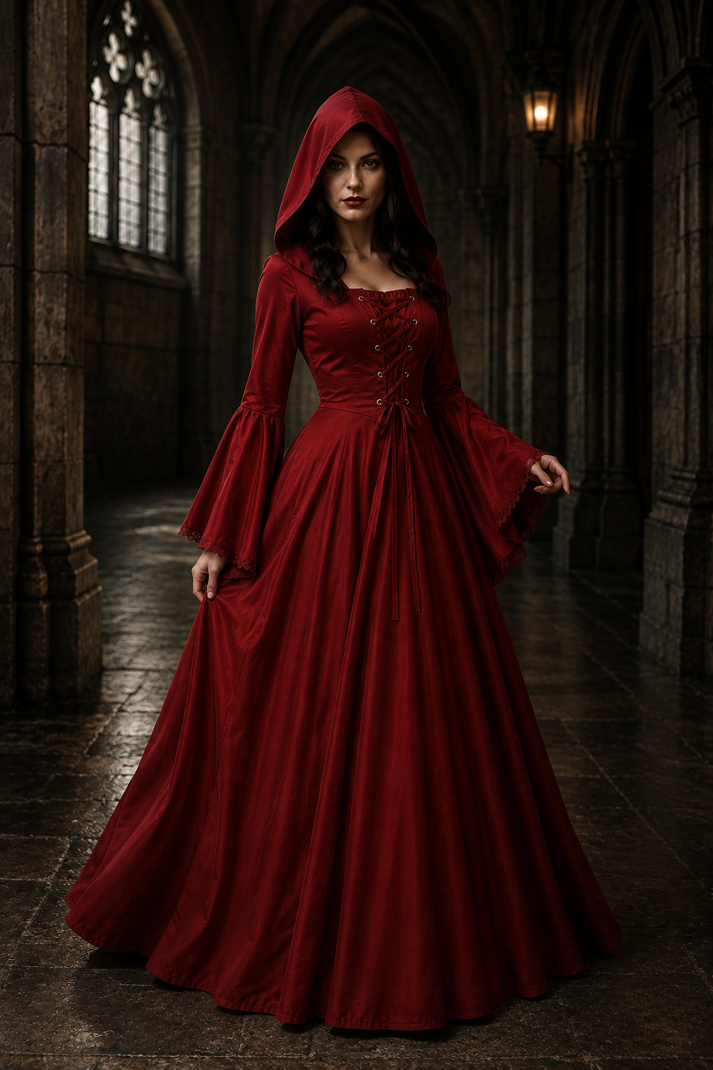 Poppy | Women's Hooded Lace-Up Bell-Sleeve Floor-Length Gothic Gown - Red