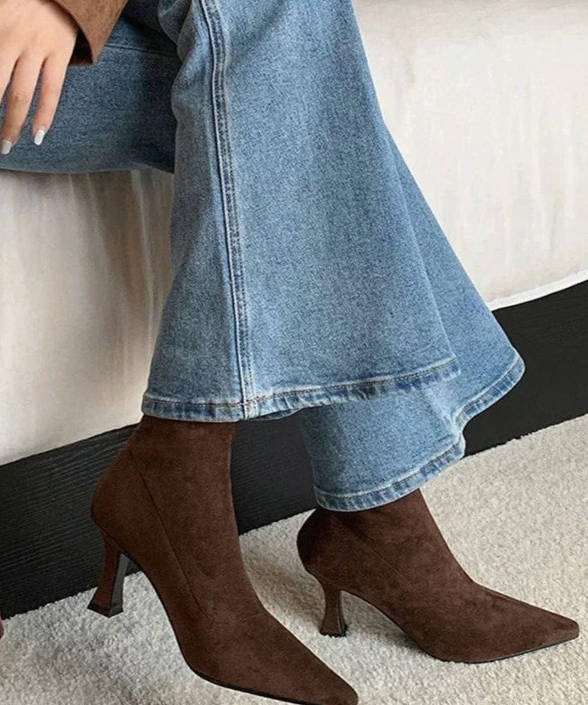 Poppy | Women's Pointed Toe Kitten Heel Pull-On Sock Ankle Boots - Brown