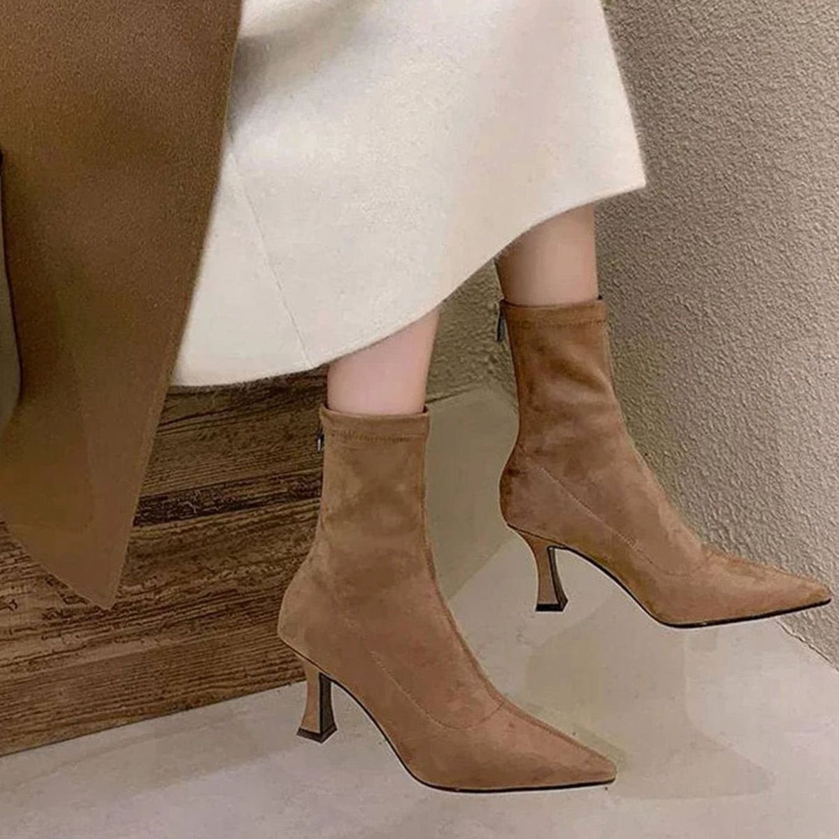 Poppy | Women's Pointed Toe Kitten Heel Pull-On Sock Ankle Boots - Khaki