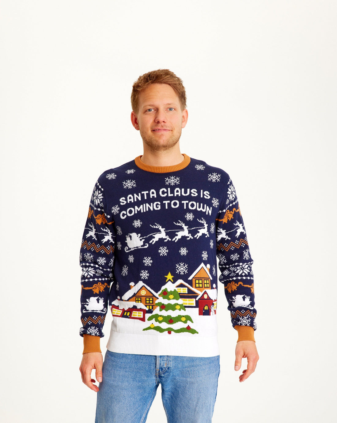 Reuben | Men's Christmas Jumper Santa Claus Is Coming To Town Navy Festive Knit - Standard