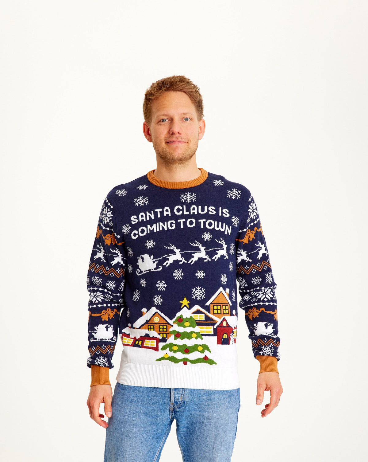 Reuben | Men's Christmas Jumper Santa Claus Is Coming To Town Navy Festive Knit - Standard