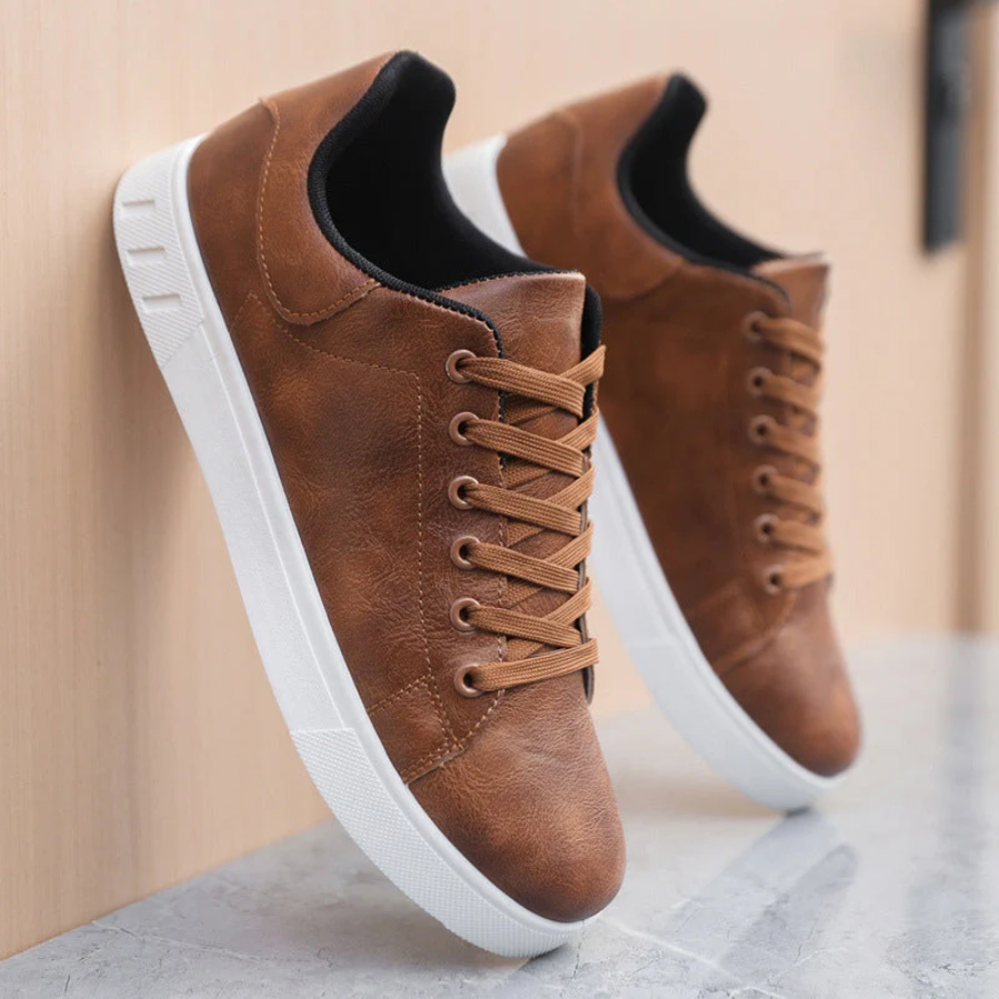 Reuben | Men's Round-Toe Lace-Up Low-Top Vegan Leather Trainers - Brown