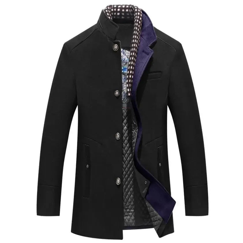 Reuben | Men's Single-Breasted Stand-Collar Wool Coat with Checked Lining - Black
