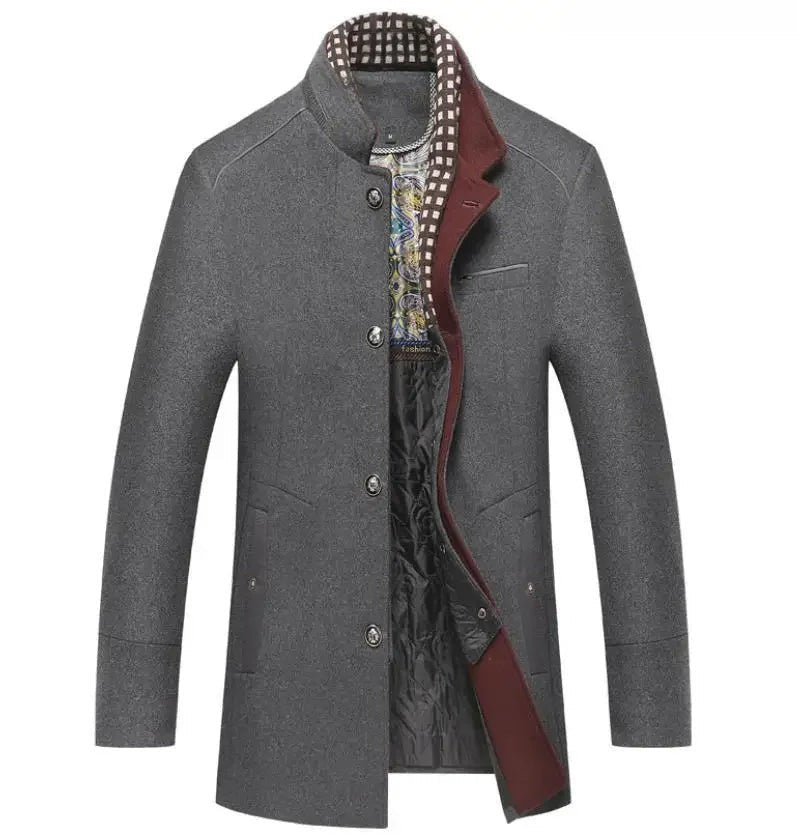 Reuben | Men's Single-Breasted Stand-Collar Wool Coat with Checked Lining - Grey