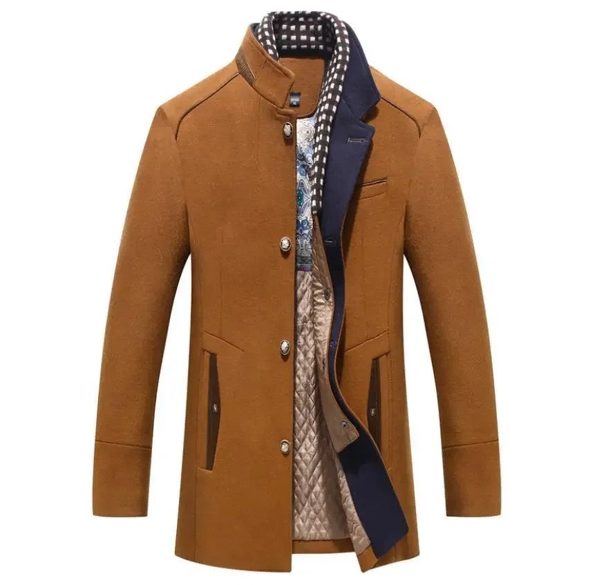 Reuben | Men's Single-Breasted Stand-Collar Wool Coat with Checked Lining - Kamel