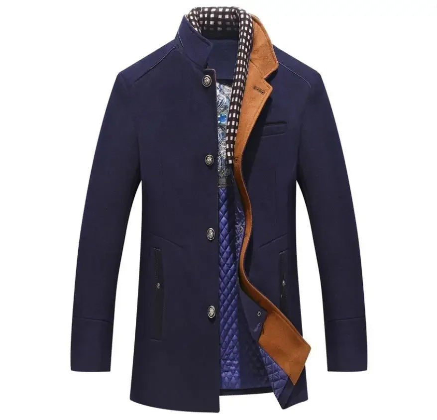 Reuben | Men's Single-Breasted Stand-Collar Wool Coat with Checked Lining - Navy