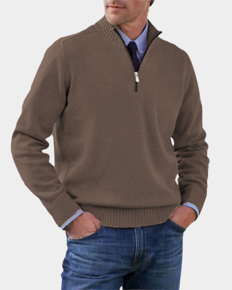Rory | Men's Stand-Collar Half-Zip Ribbed Knit Jumper - Brown