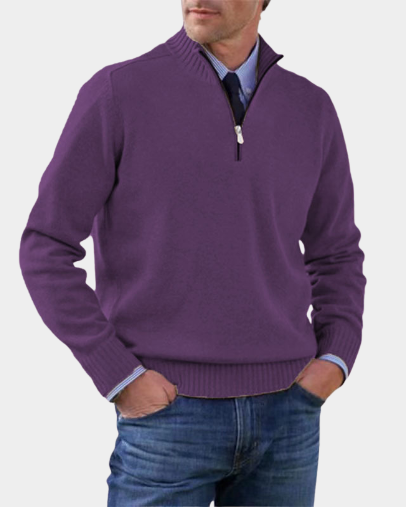 Rory | Men's Stand-Collar Half-Zip Ribbed Knit Jumper - Dunkelviolett