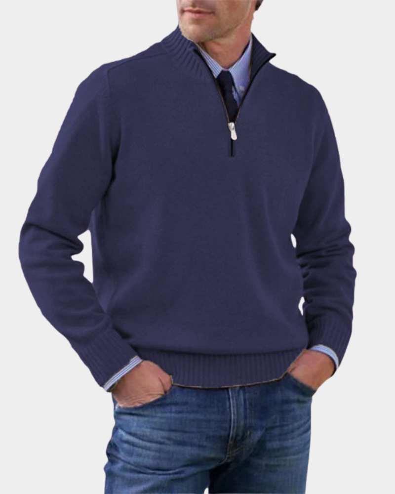 Rory | Men's Stand-Collar Half-Zip Ribbed Knit Jumper - Navy