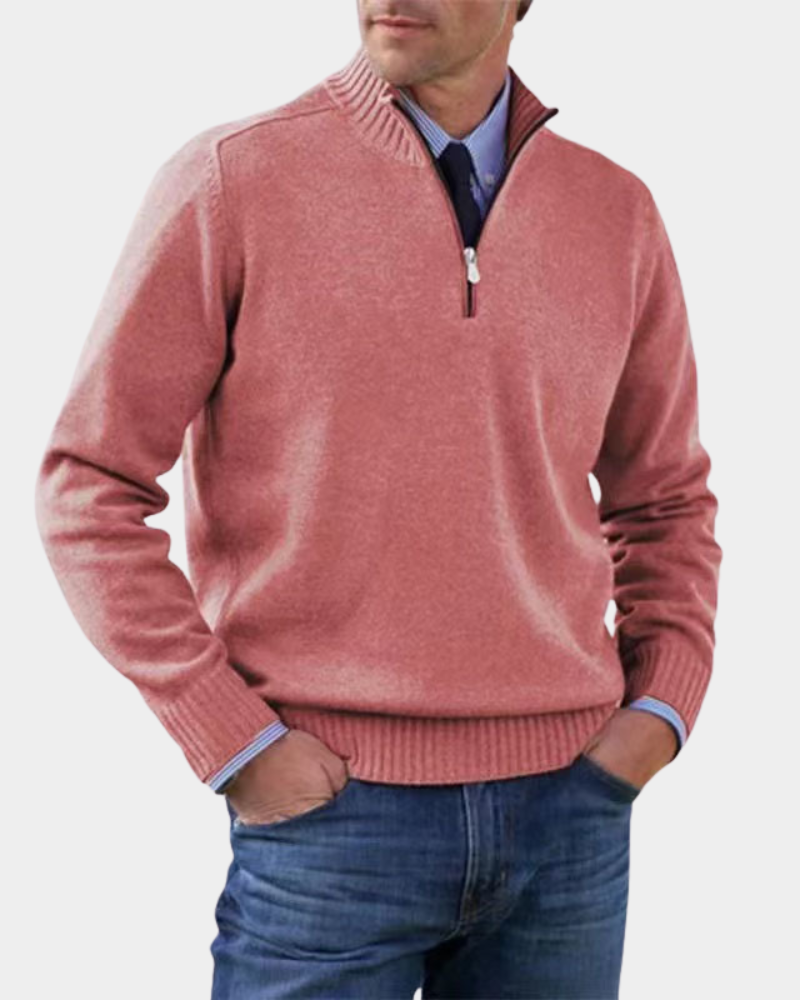 Rory | Men's Stand-Collar Half-Zip Ribbed Knit Jumper - Pink