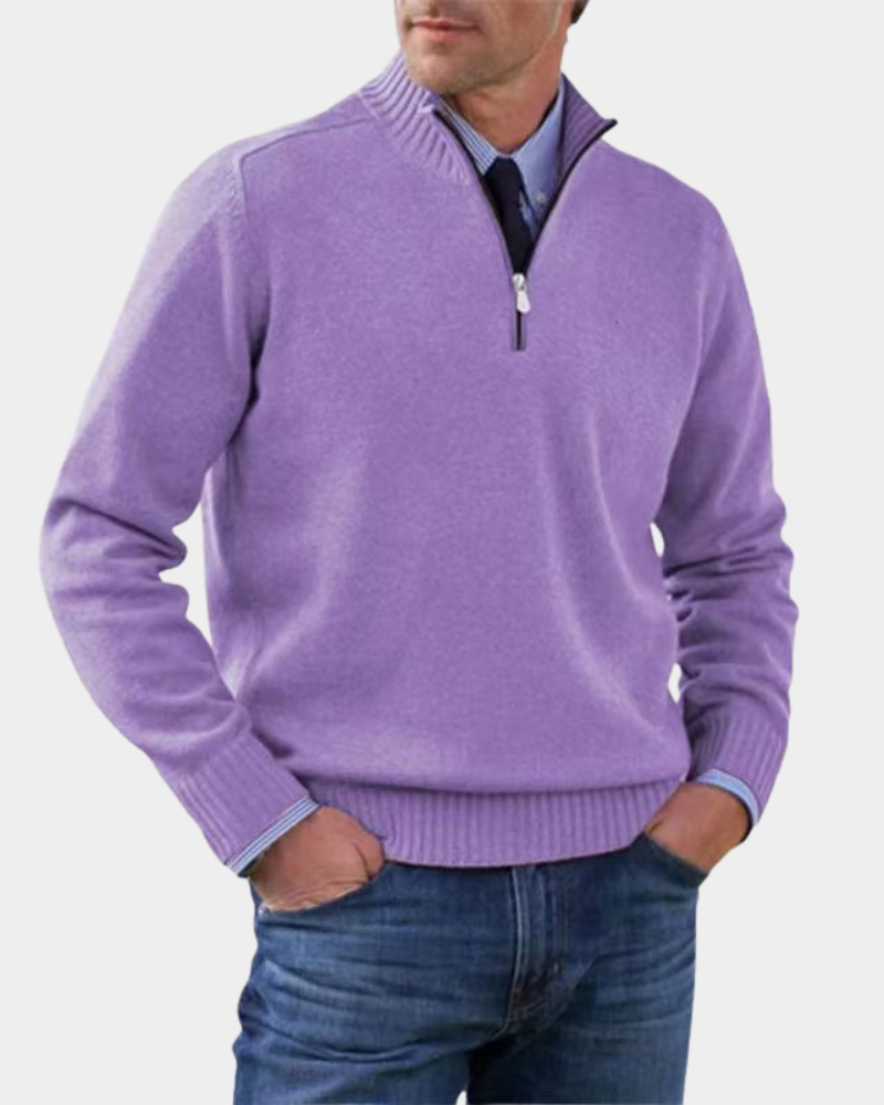 Rory | Men's Stand-Collar Half-Zip Ribbed Knit Jumper - Purple