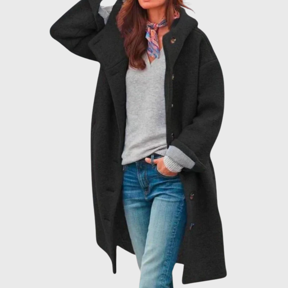 Rory | Women's Single-Breasted Hooded Button-Front Wool Coat - Black