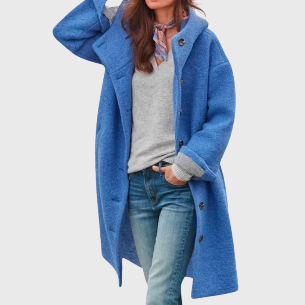 Rory | Women's Single-Breasted Hooded Button-Front Wool Coat - Blue